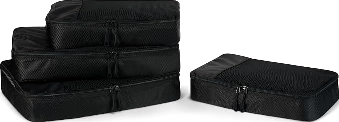 Amazon Essentials 4-Piece Packing Cubes Travel Accessories Set, Luggage Organizer with Double Zipper, Mesh Top, Space-Saving Design, Webbing Handle, 2 Medium/2 Large, Black (Previously Amazon Basics)