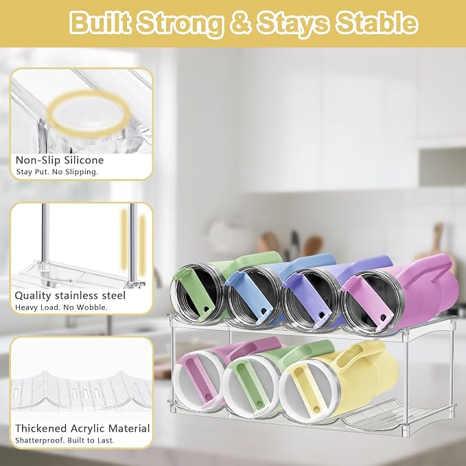 Stackable Water Bottle Organizer for Stanley 40oz Tumblers – Acrylic Water Bottle Holder for Cabinet, Pantry, Large Tumbler Organizer Storage Rack, Stanley Cup Storage, 2 Tier, Holds 8 Bottles
