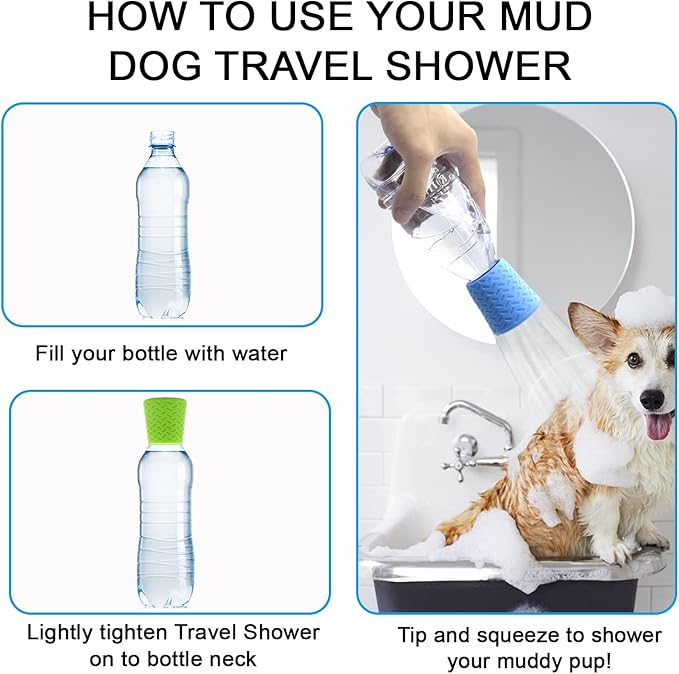 3 Pieces Portable Outdoor Shower for Dogs,Portable Shower Head,Bottle Attachment for Portable Outdoor Shower,Works with Most Plastic Water from 16 oz to 2 Liters (Blue,Green,Orange)