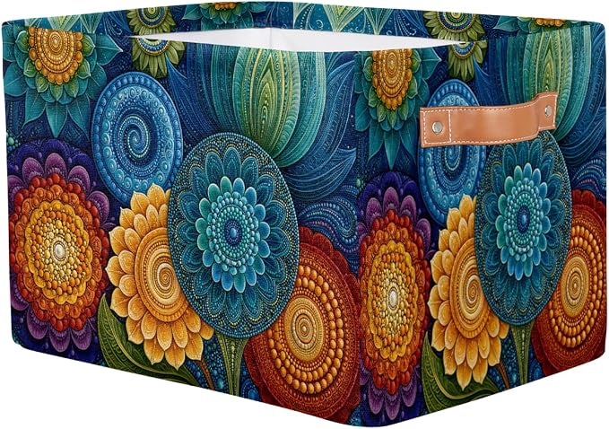Mandala Basket Storage Bins Rectangle Canvas Basket Cube Storage Box | Nursery Foldable Basket with Handle for Kids Girls Boys Toys Living Room Closet Organizer Shelf Gifts Colorful Bohemian