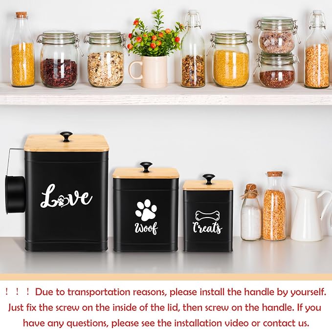 Jingmore Metal Dog Treat Containers Set of 3 with Bamboo Lids and Spoon Airtight 7+3+2 lbs Dog Food Snack Jars with DIY Labels Big Pet Cookie Storage Jar for Kitchen Counter(Black,Classic)