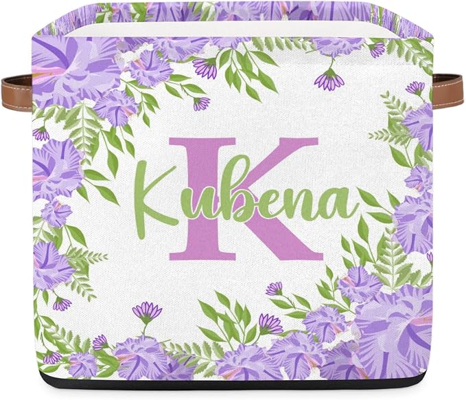 Personalized Initial-Name Purple Flower Storage Baskets for Girls Women, Custom Portable Square Storage Bins with Handles Foldable Organizer for Clothes, Toys, Blanket, Towel,Pet 13”