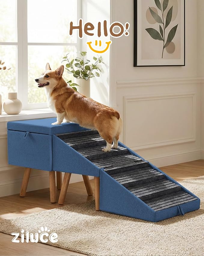 Dog Ramp for Bed & Couch, Dog Stairs 21.06 inches High for Large/Medium/Small Doggie, Foldable 2 in 1 Wooden Pet Steps for Puppy Older and Injured Dogs, Split Ottoman Design, No-Slip Surface