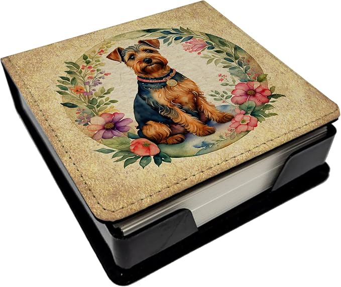 Caroline's Treasures Welsh Terrier and Flowers PU Leather Note Paper Holder with Artist-Designed Cover, Desk Accessory, Office Gift
