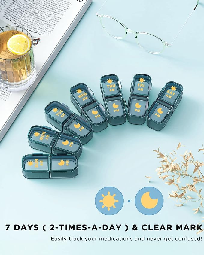Acedada Am Pm Pill Organizer, Weekly Pill Box 2 Times A Day, Stylish Blue | 7 Day Pill Organizer with 7 Separate Containers, Portable Daily Medicine Dispenser Case for Vitamin, Fish Oils, Supplements