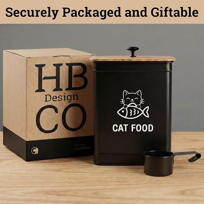 Metal Cat Food Container with Scoop 5-7 lb (25 Cup), w/ Airtight Bamboo Lid | Cat Kibble Canister with Metal Scoop, 25 Cups, Chew Proof Iron Body, Powder Coated, Airtight Bamboo Lid, Sturdy Metal Handle