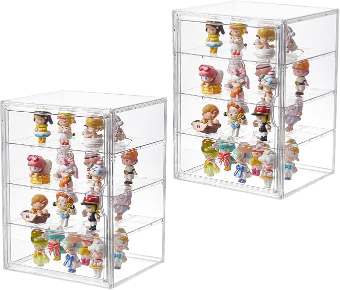 4 Tiers Clear Acrylic Display Case, Plastic Storage Bins with 3 Adjustable Divider and Magnetic Door,Stackable Display Box for Figures Showcase (XXL-4 Tier-2 Pack)