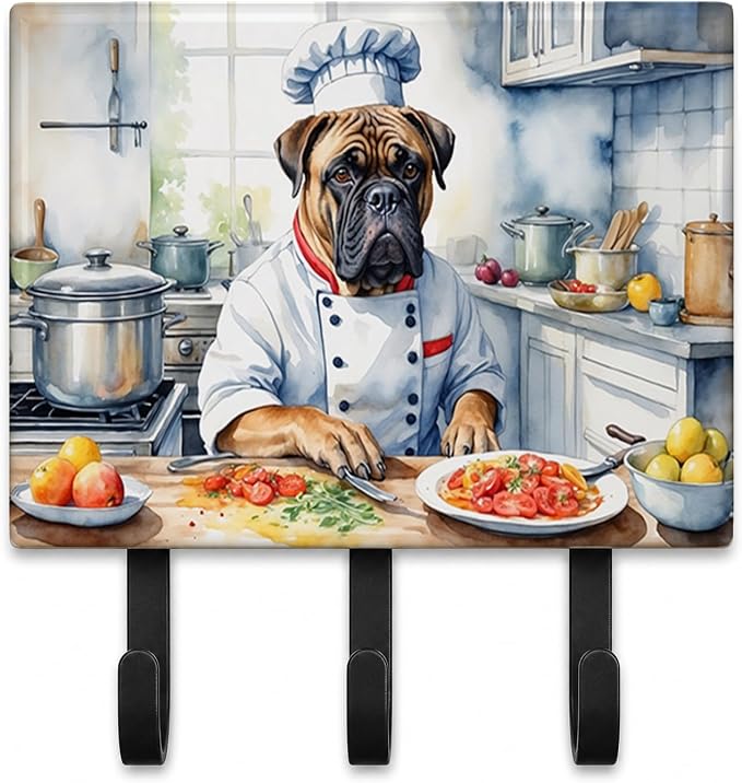Caroline's Treasures Bullmastiff The Chef Leash or Key Holder Wall Hooks, Key Hooks Holder, Coat Rack Wall Mount, Coat Hooks, Hooks for Hanging Keys, Towels, Aprons, Leashes | Bullmastiff The Chef artwork on ceramic tile with three steel hooks for keys...