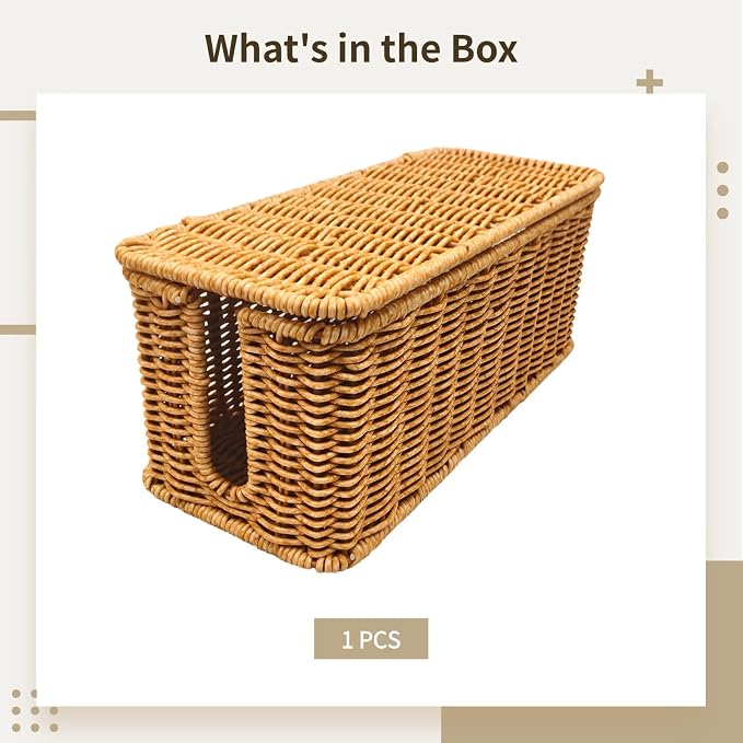 Cable Organizer Box, Vented Rattan Cable Organizer for Cord Organizer Box Storage, 12 in X 5 in X 5 in