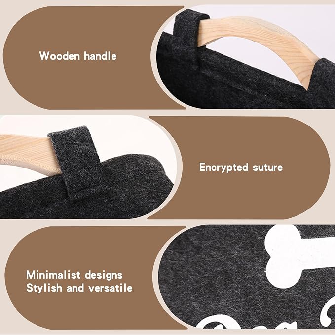 Collapsible Fabric Dog Toy Box, Pet Toy Basket with Wooden Handle, Grey Pet Supplies Storage Bin for Toys, Leashes, Blankets, 15" x 10" x 7''