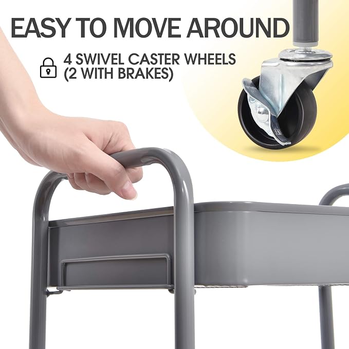 TOOLF 3 Tier Metal Rolling Cart, Utility Storage Cart with Wheels, Grey | Screwless Assembly, Lockable Metal Wheels, Trolley Organizer for Bathroom, Kitchen, Office, Dorm, Laundry, Craft Room