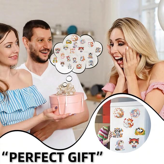 20pcs Cat Acrylic DIY Diamond Art Magnets for Fridge Food Decor | Elegant set with beautiful patterns and magnetic design for DIY crafts, perfect for home, office, kitchen decor, and gift