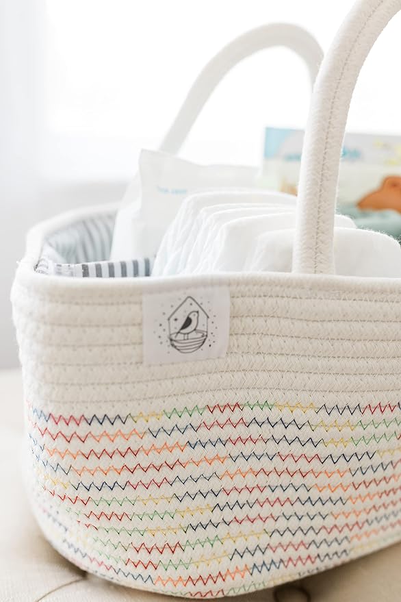 OrganiHaus Rope Diaper Caddy Organizer, Nursery Basket, Stitches Rainbow | Woven handles; a toy bin, laundry bin, or newborn essentials storage; great for car, baby shower gifts, or bedroom decor