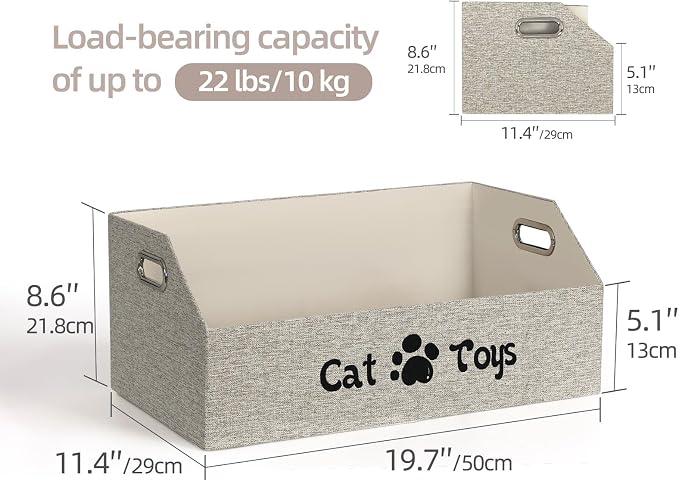 19.7 Inch Cat Toy & Supplies Storage Organizer with Metal Handles | Foldable Fabric Bin Kitten Pet Chest Trapezoid Container for Organizing Cats Clothes Accessories