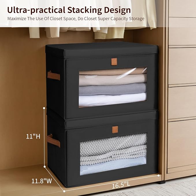 Large Closet Storage Bins - Collapsible Clothes Organizer with Handles & Window, Decorative Boxes with Lids, Linen Closet Organizers for Living Room, Dorm, 5 Pack, Black