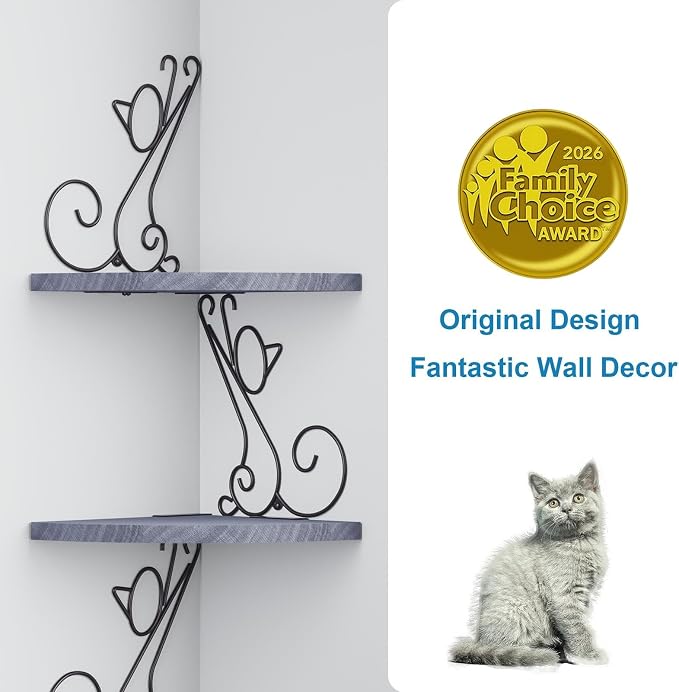 Alsonerbay 4-Tier Cat Shaped Corner Floating Shelf Wall Mount, Grey | Curved solid wood, 35.2 lbs total capacity, reinforced metal bracket, rustic decor, for bedroom, living room & kitchen