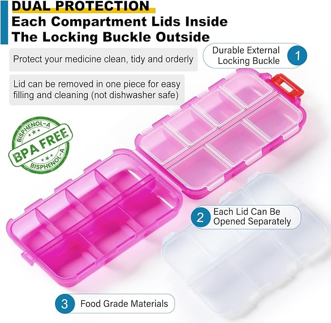 14 Grids Travel Pill Organizer Box with 415-Pcs Medicine Name Labels - Pocket Daily Pharmacy Case Container Kit - Travel Medication Holder Dispenser for Fish Oil Vitamin Supplement Storage -Clear Pink