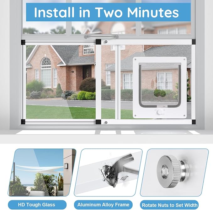 Sliding Cat Door for Window, Fits 28.5"-32" Width Window, 1-Min Install | Aluminum Frame + HD Glass | Weatherproof Design | Magnetic Closure Window Cat Door Insert, Adjustable Pet Door Window for Cats