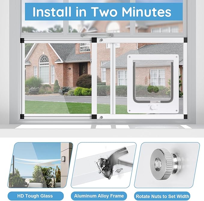 Sliding Cat Door for Window, Fits 22"-28.5" Width Window, 1-Min Install | Aluminum Frame + HD Glass | Weatherproof Design | Magnetic Closure Window Cat Door Insert, Adjustable Pet Door Window for Cats
