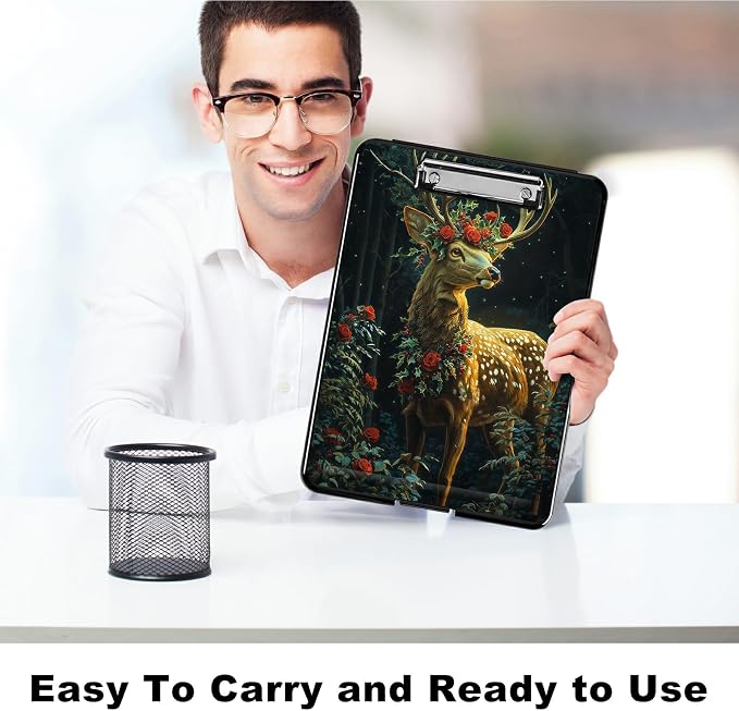 Heavy Duty Storage Clipboard, Slim Nursing Clipboard with Internal Pen Case, Portable File Organizer Case for A4 Letter Size Paper Office Medical Professionals, Rose Forest Deer