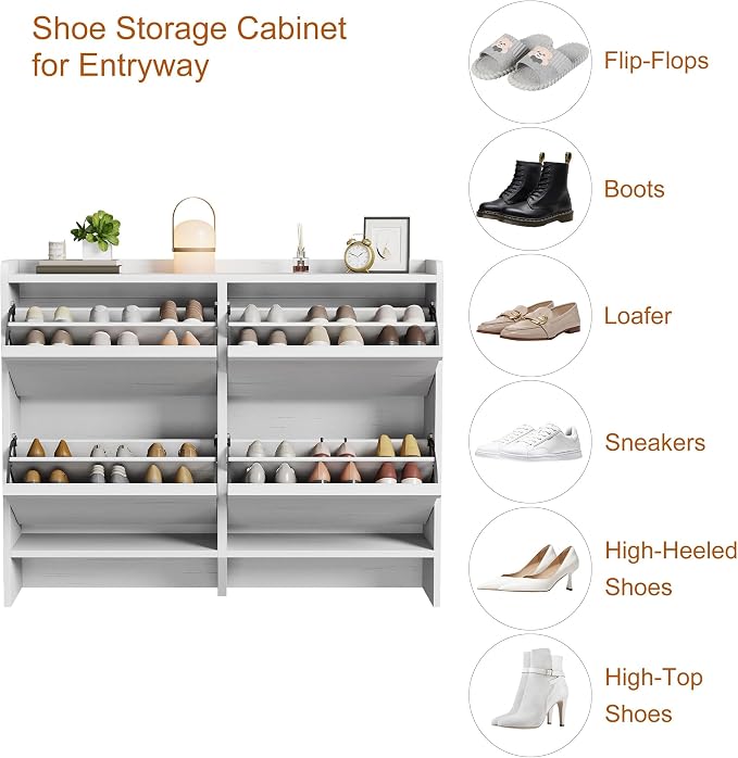 GarveeHome Shoe Cabinet with 4 Flip Drawers, Wooden Shoe Organizer Cabinet with Adjustable Shelf, Shoe Storage for Entryway, Hidden Shoe Cabinet for Hallway, Living Room, White