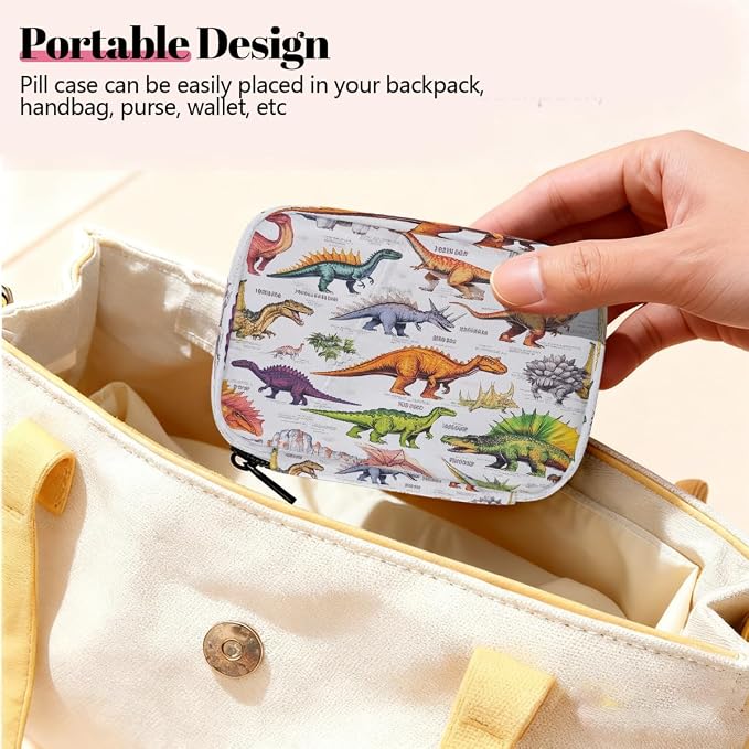 Weekly Pill Organizer Travel Size Bag with Removable 7 Day Pill Box Portable Vitamin Case Purse with Zipper,Colorful Dinosaurs Detailed Pattern