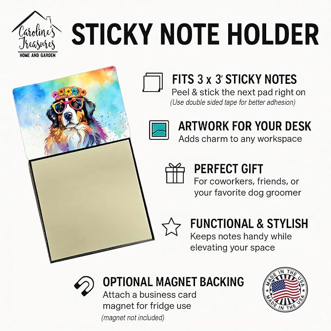 Caroline's Treasures Bernese Mountain Dog Hippie Dawg Sticky Note Holder Refillable Dispenser Self-Sticky Note Pads, Memo Pads Blank Desk Accessories