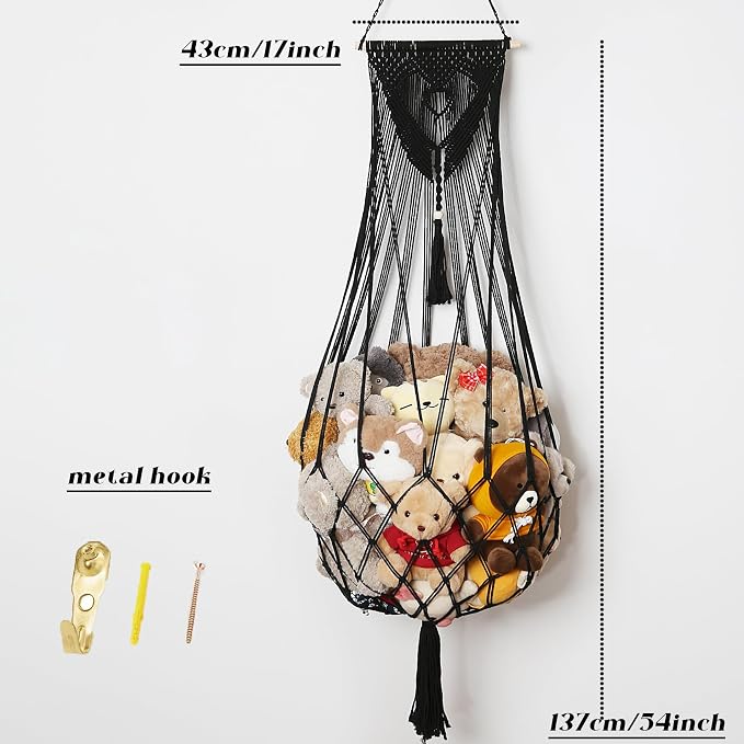 Amdermi Stuffed Animal Net or Hammock Corner or Wall Hanging Net for Plush Toy Storage Boho Macrame Toy Display Nursery Bedroom Decor Stuffy Animal Toy Organizer (Black)