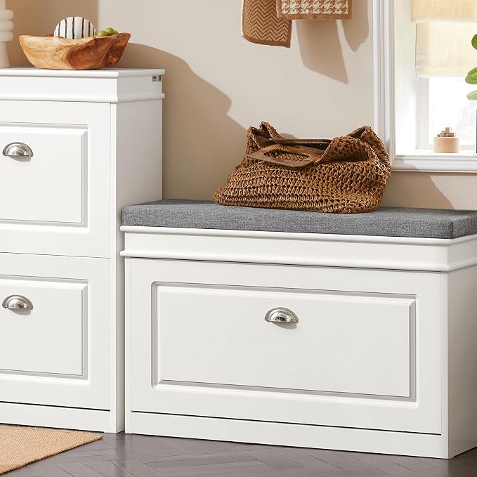 Haotian Shoe Storage Bench with Cushion | White Narrow Shoe Rack for Entryway, Small Shoe Cabinet with Flip-Drawer, Closet Hallway Mudroom FSR82-L-W