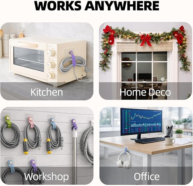 Hanging Cable Organizer System with Self Adhesive Hooks (Color-Coded Silicone) | 12 Adhesive Hooks + 12 Reusable Silicone Ties, 6 Colors (2 Each), Strong Hold & No-Drill Setup