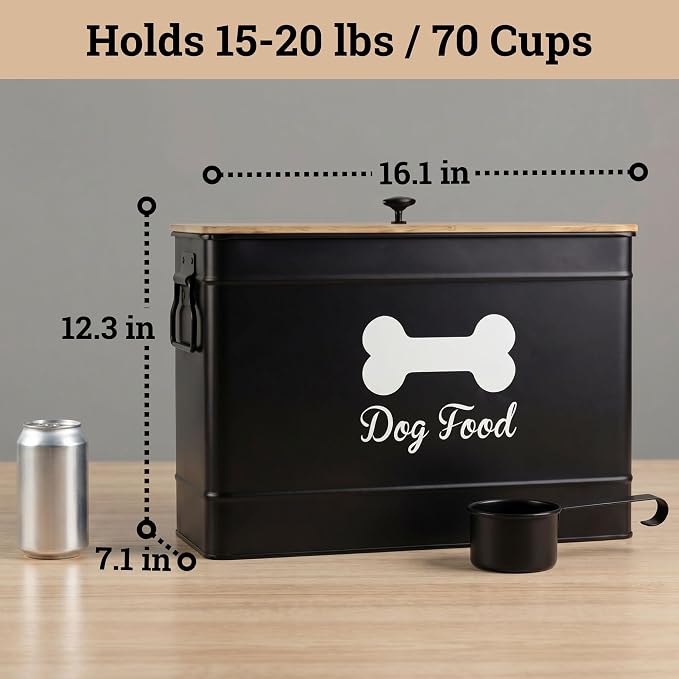 Metal Dog Food Container 15-20 lbs w/ Airtight Bamboo Lid, 70 Cup Capacity | Pet Jar For Dogs up to 100lbs, Airtight Bamboo Lid, Sturdy Comfortable Metal Handle, Powder Coated Iron, Kibble Storage Bin