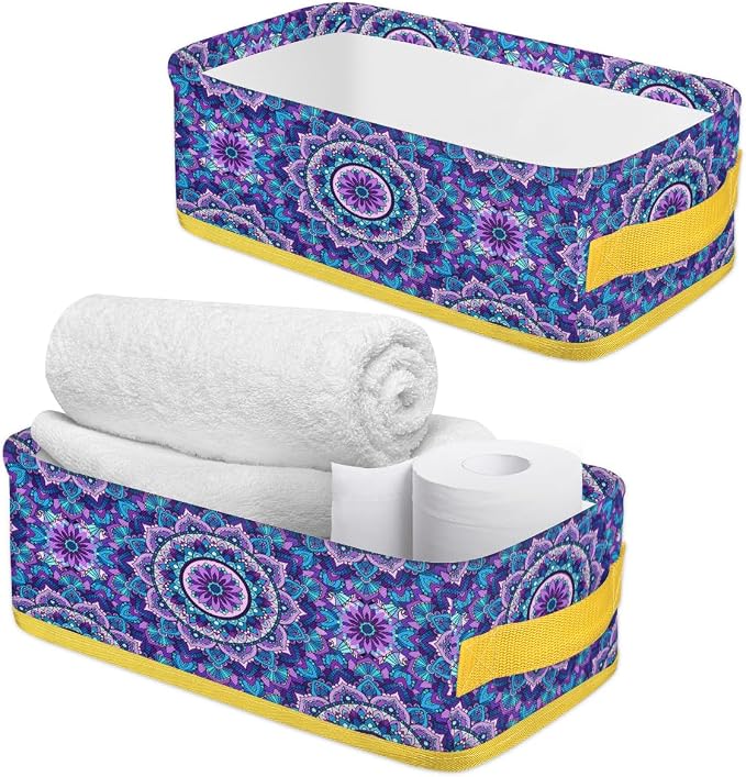 Mandevilla Flower Purple Bathroom Storage Basket, Foldable with Handle Open Countertop Paper Towel Decorative Box, Toilet Tank Top Shelf Baskets for Home Closet Bedroom Living Room Office