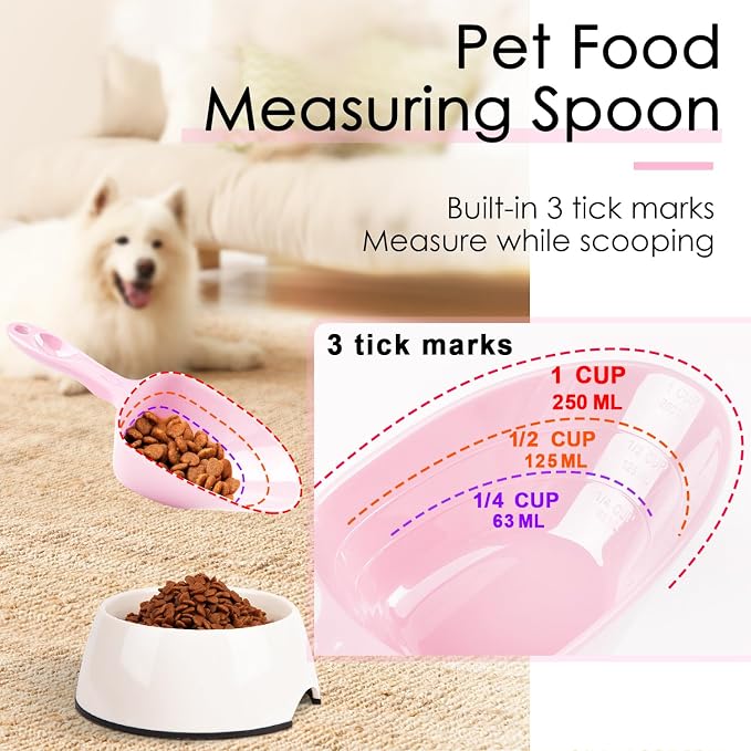 Melamine Pet Food Measuring Scoop, 1 Cup 1/2 Cup 1/4 Cup with Clear Measurement Lines for Dog, Cat, Bird, and Rabbit, Durable, Ergonomic Handle, Dishwasher safe-Pink