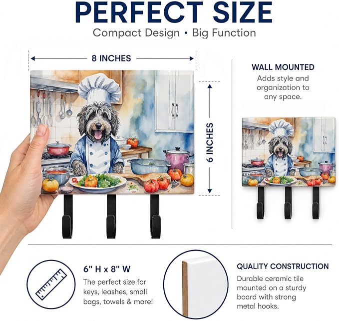 Caroline's Treasures Bergamasco Sheepdog The Chef Leash or Key Holder Wall Hooks, Key Hooks Holder, Coat Rack Wall Mount, Coat Hooks, Hooks for Hanging Keys, Towels, Aprons, Leashes | Bergamasco Sheepdog The Chef artwork on ceramic tile with three stee...