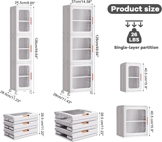 3-Tier Tall Narrow Plastic Storage Cabinet of 2, Foldable | Rolling Organizer with Lid,Doors,Stackable, Adjustable Shelves, Durable PP,Freestanding Bathroom Cabinet for Small Slim Space