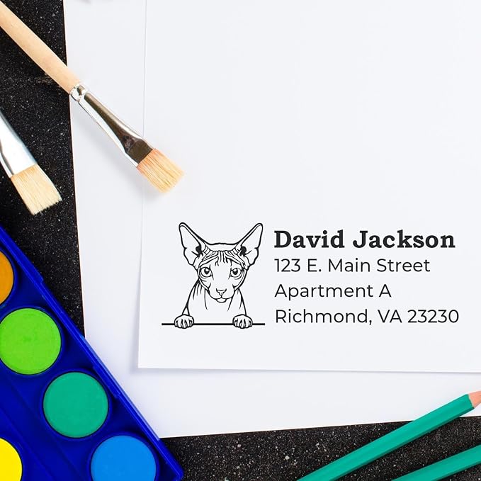 Don Sphynx Cat Custom Self-Inking Address Stamp for Holiday Cards & Decorations, Personalized Return Mailing Stamper with Hairless Feline Design, Handcrafted Rubber Postal Marker 7/8 x 2-1/4