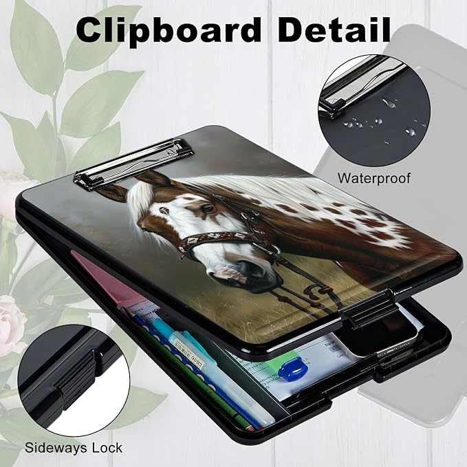 A4 Clipboard with Storage Pen Holder, Clipboards Organizer Nursing Clipboard Foldable File Folder Plastic Clipboard Folio Clip Board for Office Students Classroom Doctor Teacher, Horse
