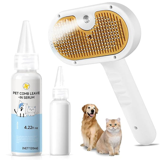 Pet Steam Brush for Dog & Cat – 3-in-1 Spray Hair Removal Comb for Shedding & Grooming, Softens Fur & Reduces Static – Water Brush for Long & Short Coats, Bath-Hating Pets, Includes Waterless Shampoo