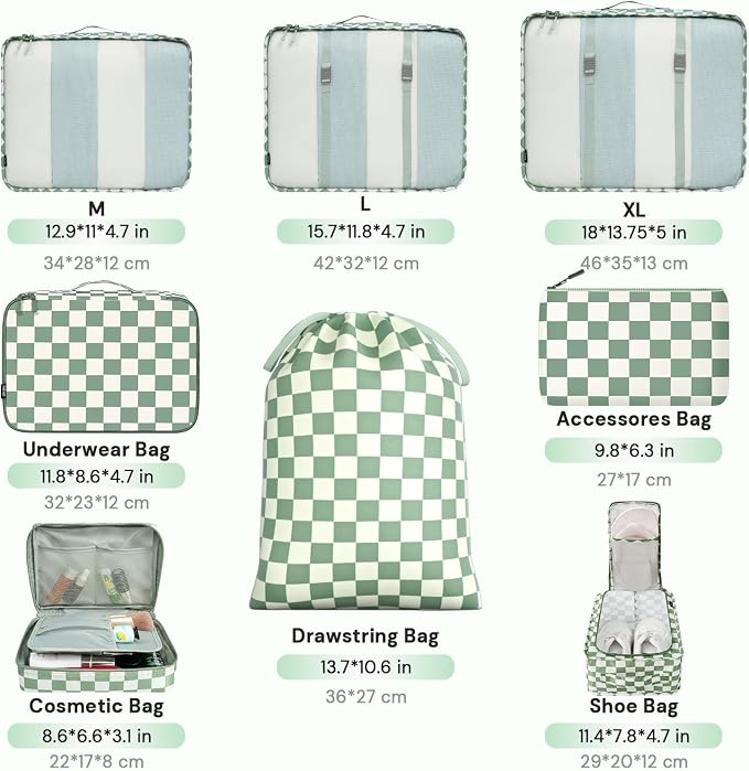 BAGAIL 8 Set Packing Cubes Luggage Packing Organizers for Travel Accessories-Matcha checkered