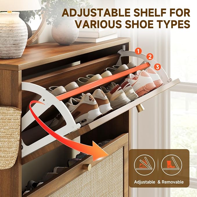 Rattan Arched Accent Shoe Storage Cabinet - Freestanding Ultra Slim for Entryway, 2 Flip Drawers & 3-Tier Adjustable Shelves, Farmhouse Modern Rustic Shoe Rack for Hallway, Foyer, Living Room