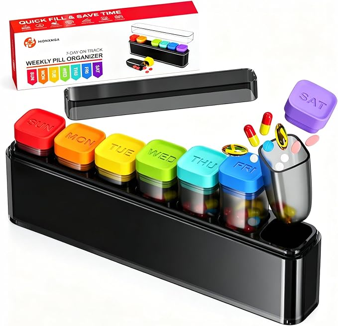 HIONXMGA Weekly Pill Organizer, Detachable 7-Color Pill Box, Easy Open | Portable Travel Pill Case Container for Daily Medication Easy Track, Privacy Protection, Built-in Quick Fill Design, Black