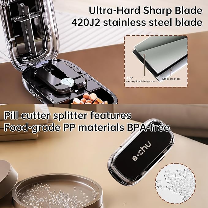 Pill Cutter Splitter for Small and Tiny Pills - Daily Pill Organizer with Professional Adjustable Cutter Splitter for Cutting Multiple Pills, Pill Case for Travel Purse Pocket (Black)