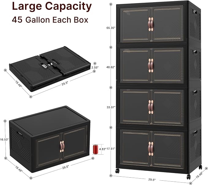 Stackable Storage Bins with Lids, 1440QT Lockable Storage Cabinet | Folding Storage Box with Doors and Wheels, Collapsible Plastic Drawers for Home, Garage, Office