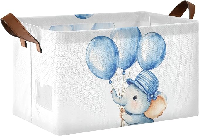 Cute Baby Elephant with Blue Balloon Storage Basket with Labels&Handles Rectangular Waterproof Nursery Storage Bins Collapsible Shelf Organizer Baskets for Kids Books Cloth Gift Basket Toys Laundry