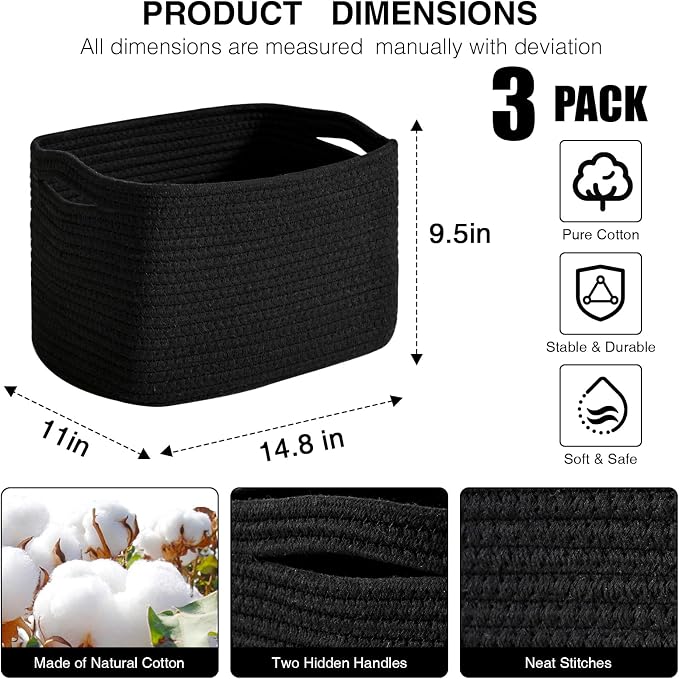 Storage Baskets for Organizing Shelves, Woven Cotton Rope Bins for Organization, Dog Toy Organizer for Shelf Living Room Bedroom, 14.8"×11"×9.5", Pack of 3, Black