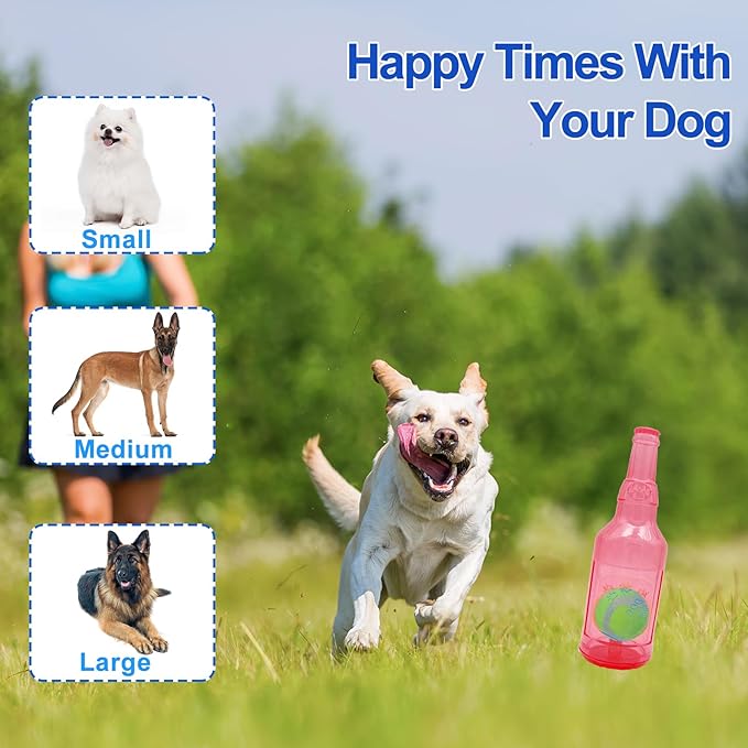 Ball in Bottle Dog Toy - Interactive Crunch and Play Bottle with Tennis Ball Inside for Dogs, Squeaky Puppy Toy(Pink, Large)