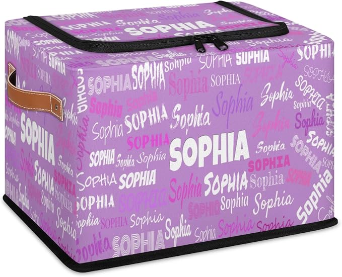 Personalized Storage Basket with Name, Lavender Purple Rectangle Toys Storage Bin with Handles Zipper Lid for Baby, Boys, Girls, Collapsible Basket for Clothes, Books