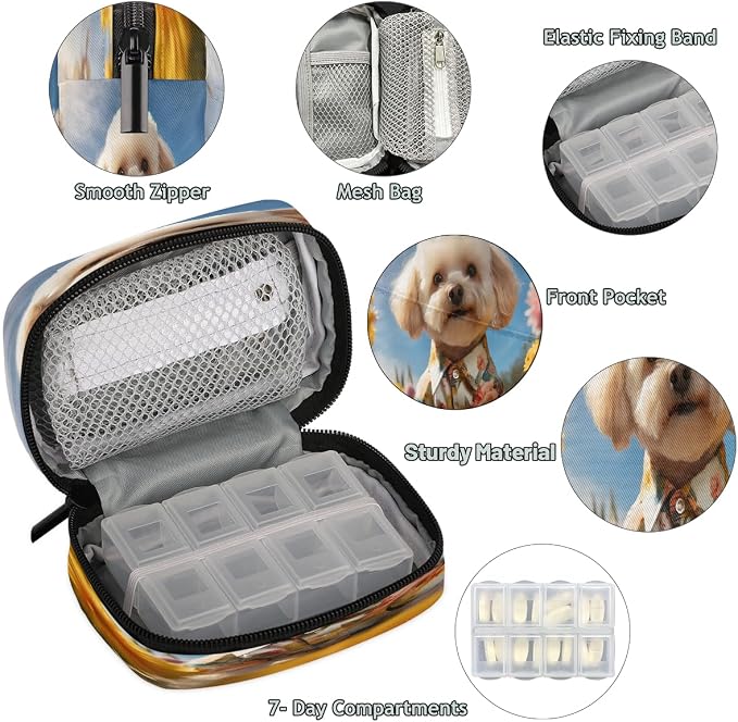 Pill Organizer Box Pet Dog Flower 7-Day Weekly Medicine Pill Case Travel Pill Container Portable Pill Holder Storage Purse Bag Small Compact Size for Vitamin Supplement Birth Control