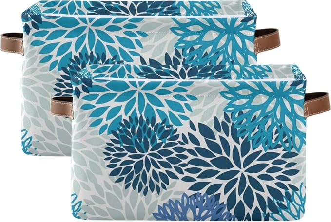 susiyo Large Foldable Storage Bin Blue Navy Chrysanthemum Flowers Fabric Storage Baskets Collapsible Decorative Baskets Organizing Basket Bin with PU Handles for Shelves Home Closet Bedroom-1Pack
