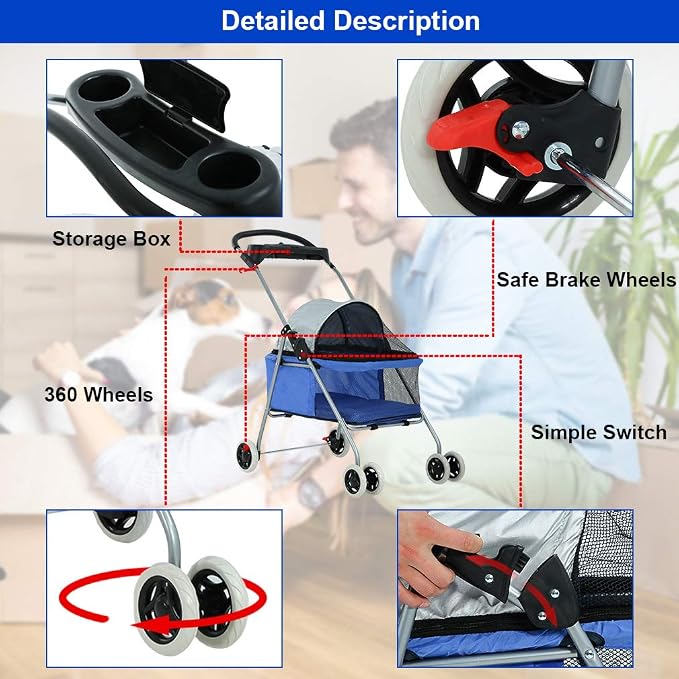 BestPet Foldable Pet Stroller for Small/Medium Dogs and Cats Up to 33 lbs | 4-Wheel Stroller Pet Strolling Cart w/ Breathable Mesh, Lockable Rear Wheels, Cup Holder/Tray & Storage Box, Blue